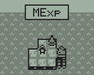 The cover image of MExp. In three-level greyscale, the player stands on an island surrounded by a tree, a rock, and a raft.