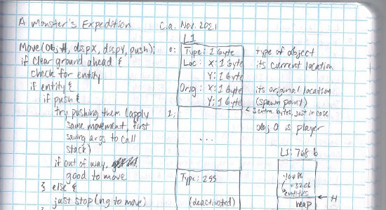 A scan of a composition notebook, with pseudocode movement code on the left, and memory layouts on the right.