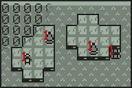 A simple scene in MExp, identical to the last one. A field of black zeroes overlays the scene, mostly confined to the upper-left corner. Red ones are placed above the four entities in the scene.