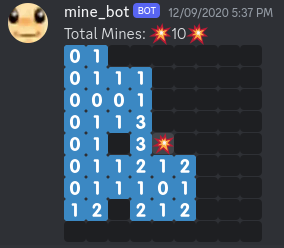 A screenshot of a message on Discord, from a bot named &quot;mine_bot&quot;. Its message says &quot;Total Mines: 10&quot;, followed by the Minesweeper field. The field is a 9x9 grid of emojis, all with spoiler tags over them by default. The emojis are either numbers representing the number of surrounding mines, or explosion emojis for mines. Importantly, the bot's profile picture is a zoomed-in texture of Toad's face from Mario 64.