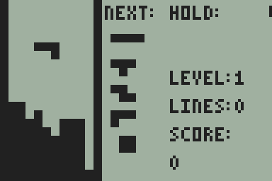 A screenshot of Tetris on the TI-84+ Calculator. The left side of the screen has the board, which is about half-full with tetriminoes. The right-side shows the next five pieces, the score, the number of lines cleared, and the level. The whole scene is in black-and-white pixel graphics.